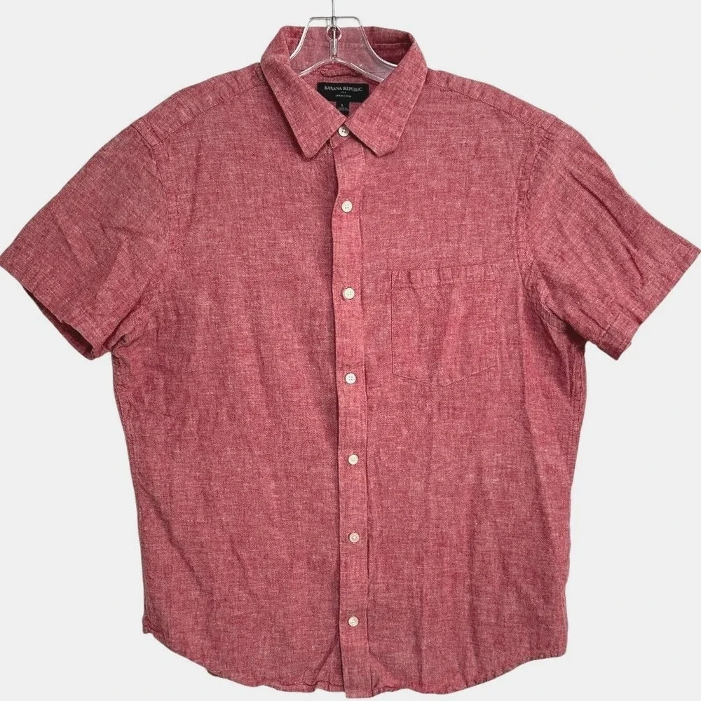 Banana Republic Linen Blend Shirt Men Red Short Sleeve Button Coastal Preppy L